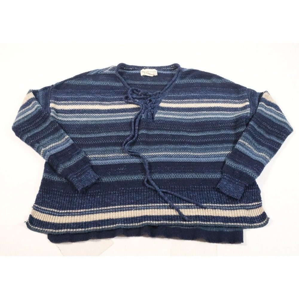 Denim & Supply Sweater Womens‎ Small Blue Striped Lace Up Boho Cotton Pullover